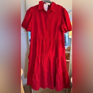 NEW Red Long Sleeve V Neck Button Down Tiered Flowy Aline Midi Dress L NO BELT